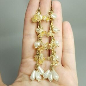 Vintage Long Beaded Dangle Earrings, Faux Pearl Citrine Chips, 3 Inches, Estate